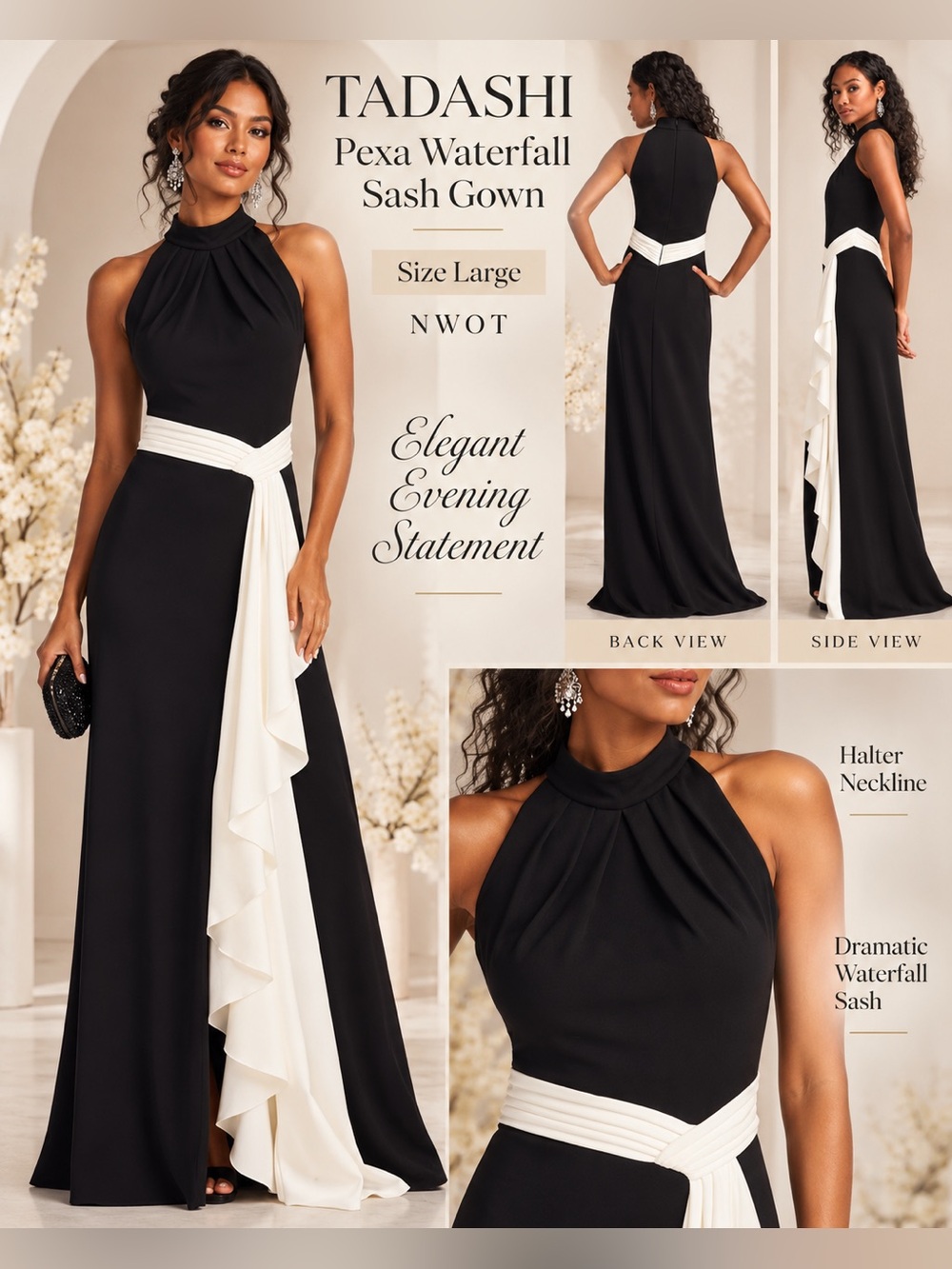 Tadashi Shoji Pexa Waterfall Sash Black White Halter Gown Size L NWOT
